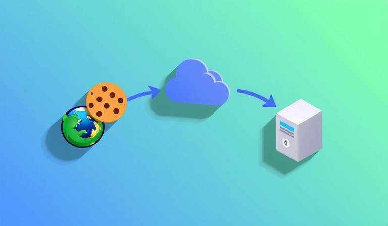 illustration showing how cookies work between browser and server, with arrows indicating data flow, modern flat design style with blue and green color scheme, digital technology theme