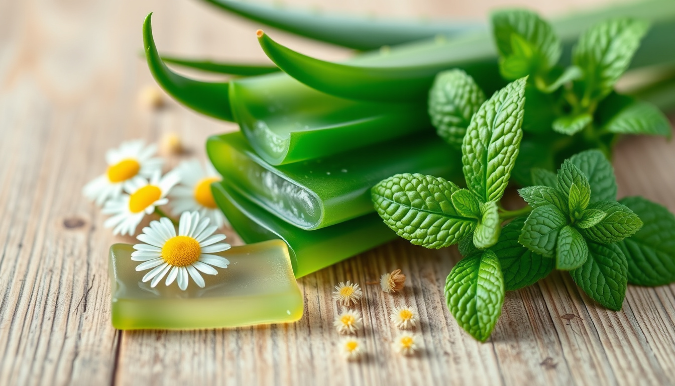  Natural remedies like aloe vera, chamomile, and mint leaves on wooden table, soft light