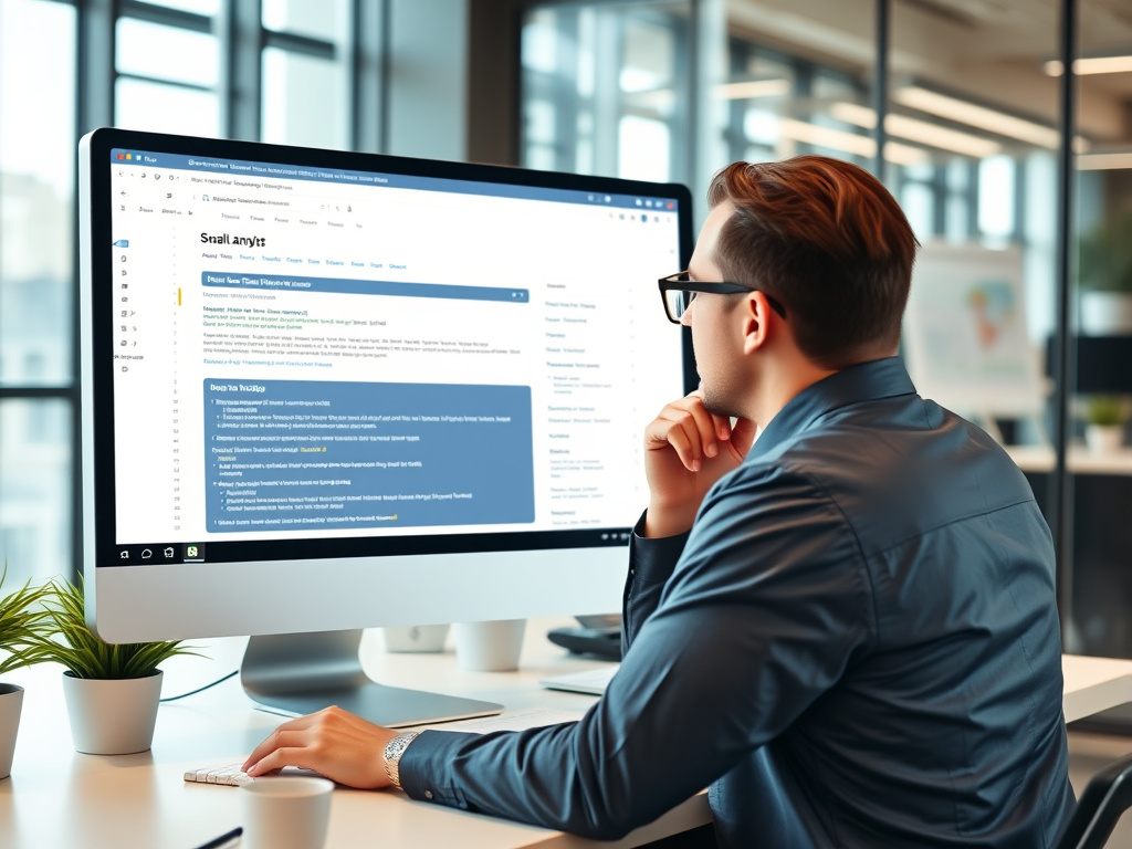 business analyst reviewing webpage elements and metadata on a desktop monitor in a modern office