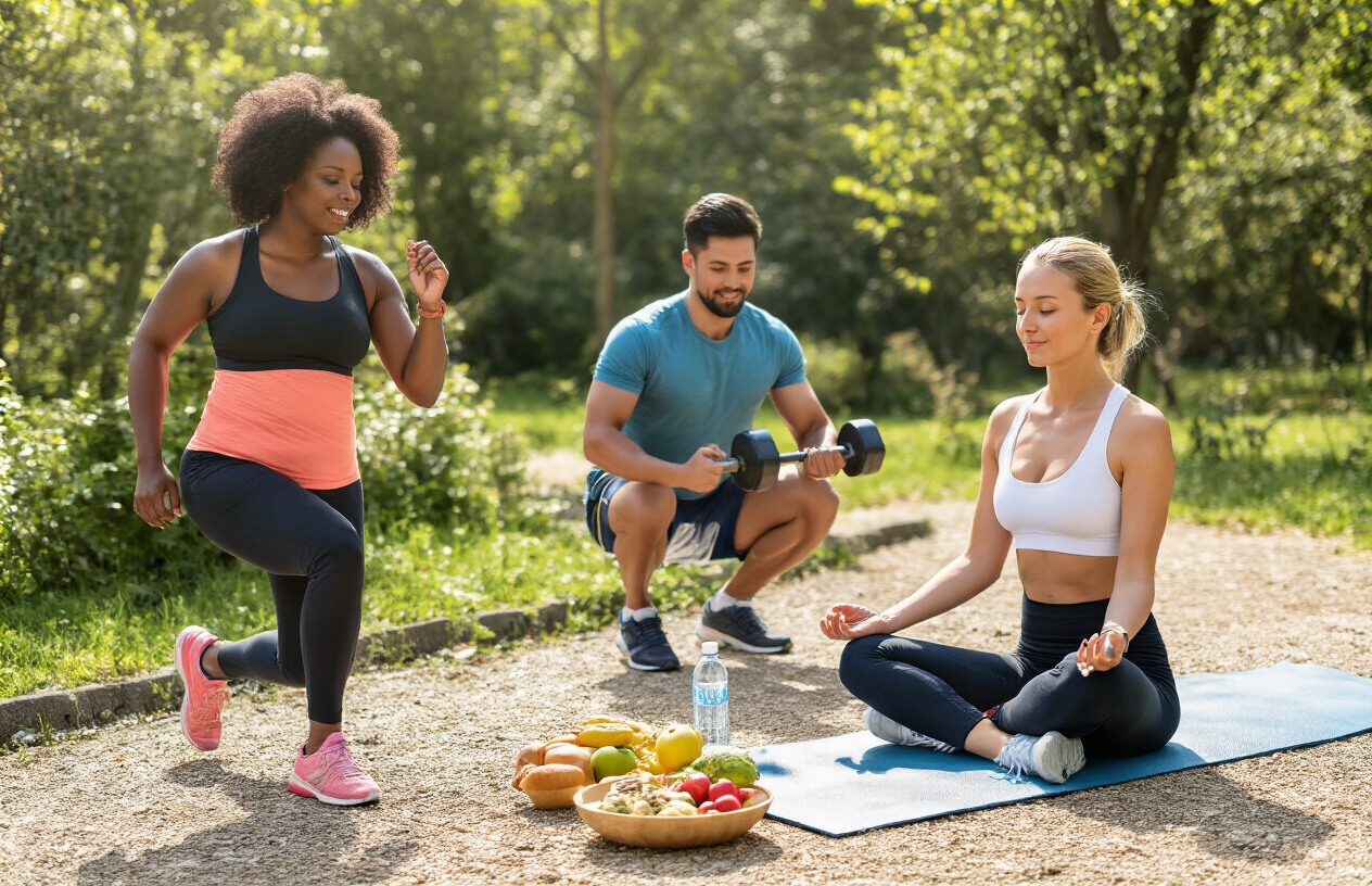 Create a realistic image of a diverse group of people engaged in various physical activities in a bright, outdoor setting – a black woman jogging, an Asian man lifting weights, and a white female doing yoga on a mat – with nutritious food and water visible nearby, symbolizing the foundational role of physical health in overall wellbeing.