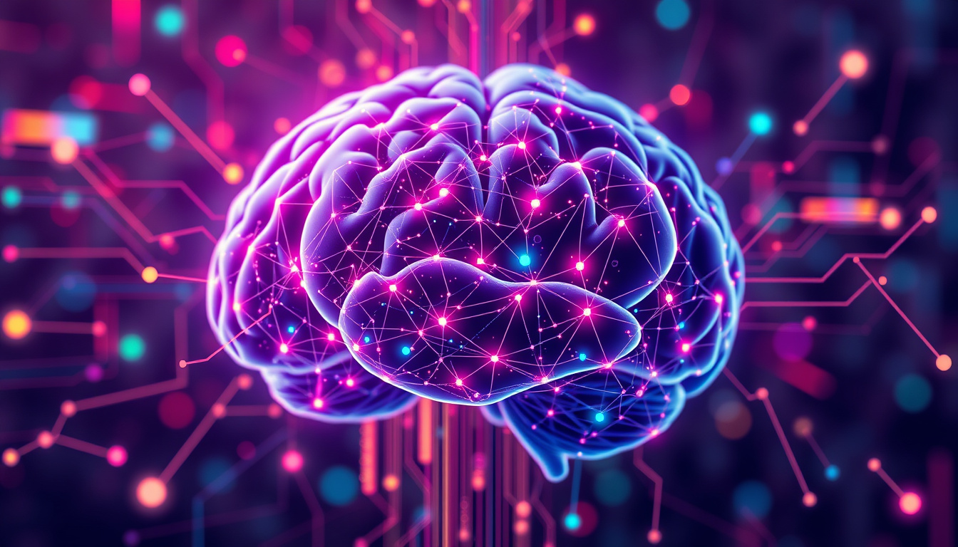  Abstract AI-inspired network brain with vibrant data streams