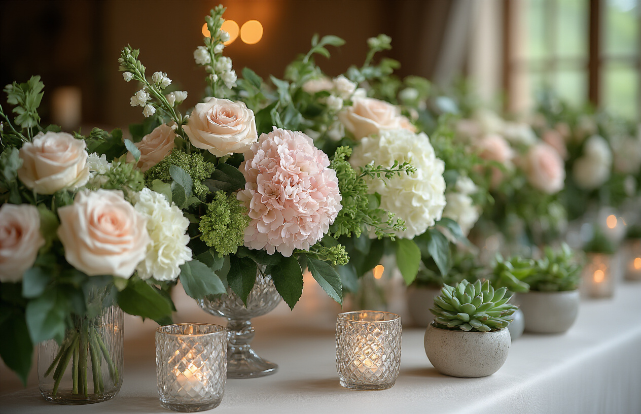 Create a realistic image of a wedding table display featuring a sophisticated mix of artificial and real flowers arranged in complementary styles, with visible texture variations, some silk roses next to real greenery, crystal vases holding artificial hydrangeas alongside small potted succulents, all set against a softly lit reception backdrop that showcases how strategic combinations create an authentic, budget-friendly aesthetic.