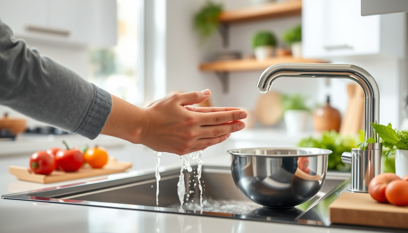 person washing hands thoroughly before cooking in a bright kitchen environment