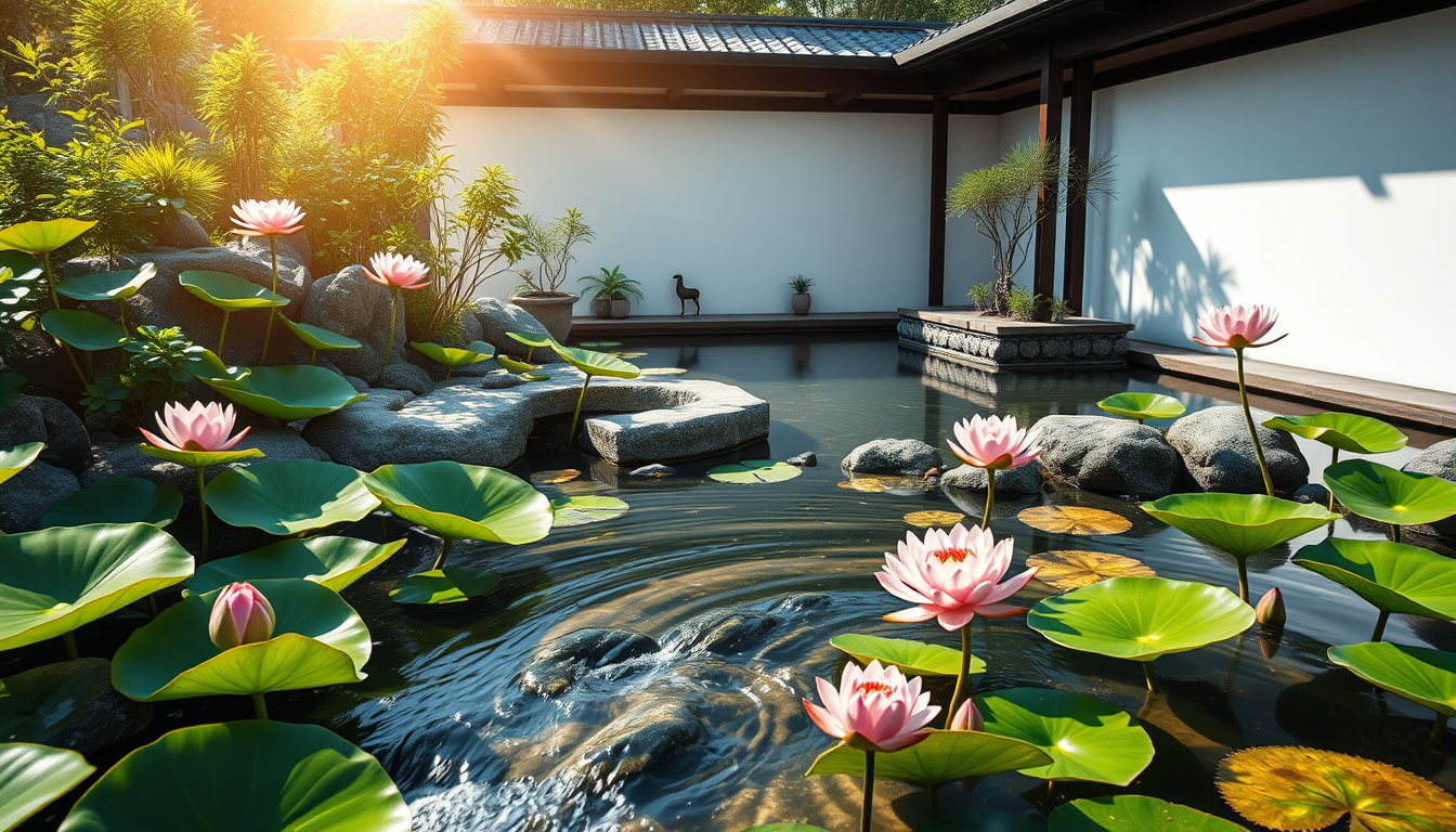  Peaceful zen garden with flowing water lotus flowers tranquil atmosphere bright sunlight