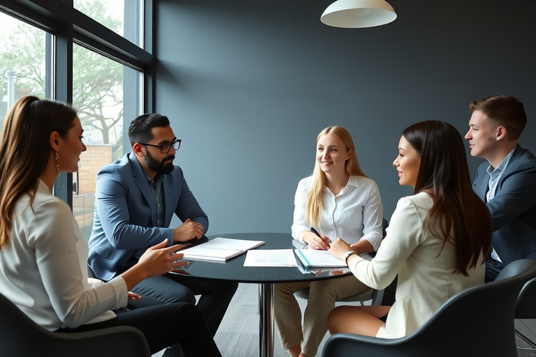 professional financial coach in business casual attire discussing budget plans with a diverse group of clients around a modern glass conference table, sunlight coming through large windows, laptop and financial documents visible, warm and inviting atmosphere