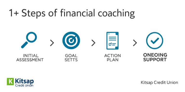 modern infographic illustration showing 4 steps of financial coaching process with icons: 1) Initial assessment with magnifying glass icon, 2) Goal setting with target icon, 3) Action plan with checklist icon, 4) Ongoing support with handshake icon, using Kitsap Credit Union brand colors (blue and green), clean corporate style