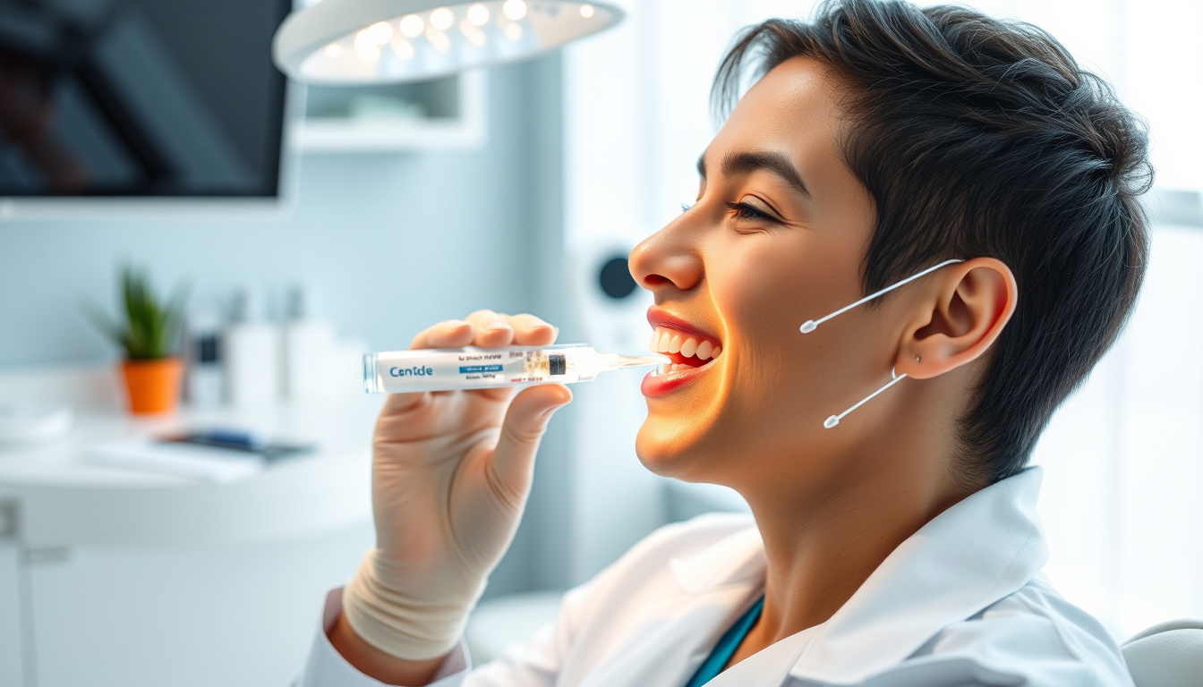  Dentist applying fluoride treatment for sensitive teeth relief in modern office