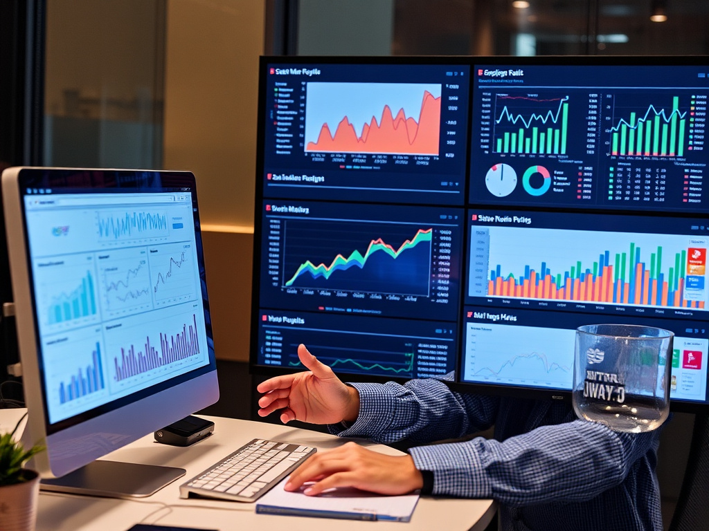 corporate marketing strategist analyzing search engine results and advertising dashboards