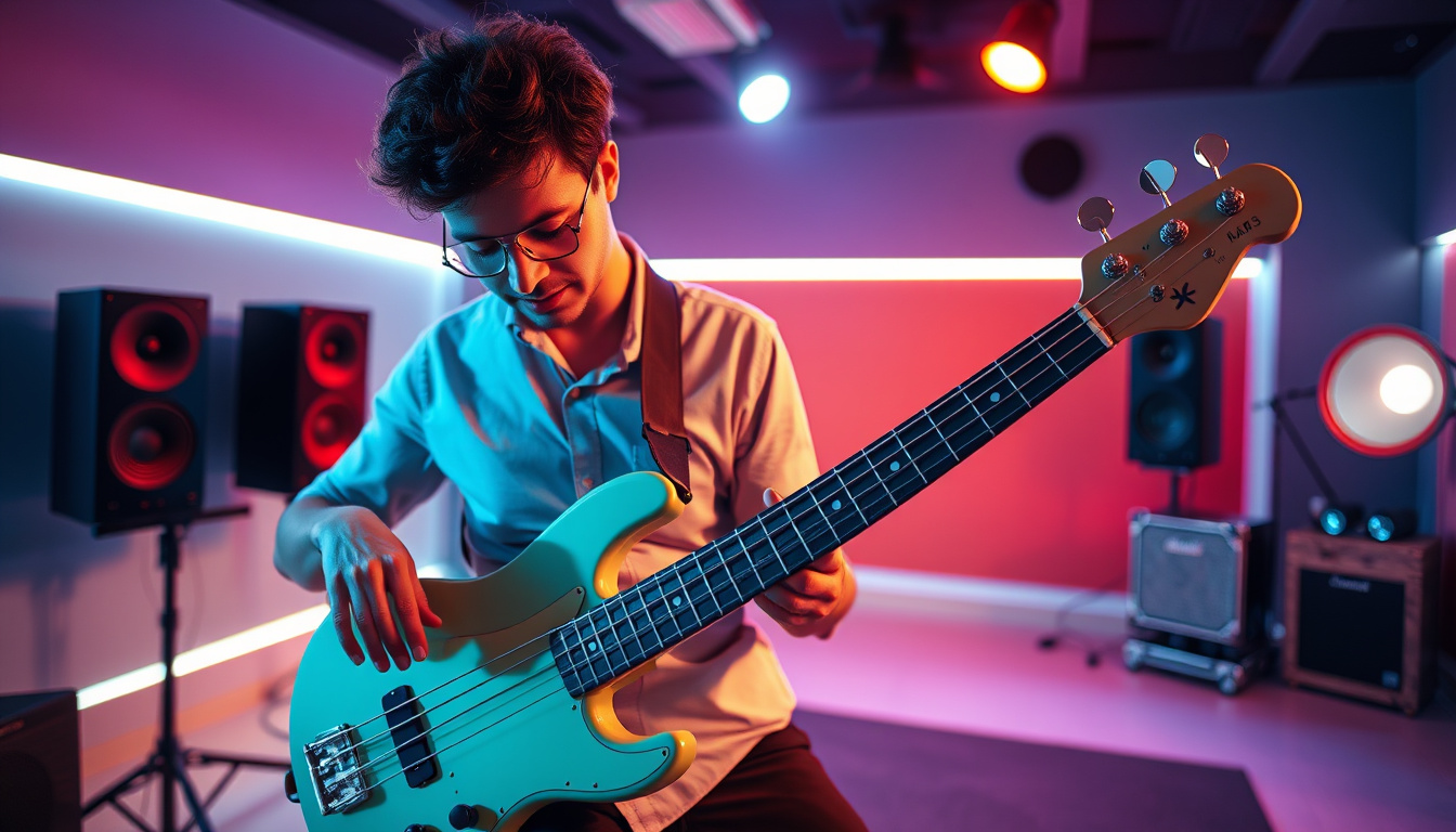  A musician practicing bass techniques in a studio with vibrant lighting