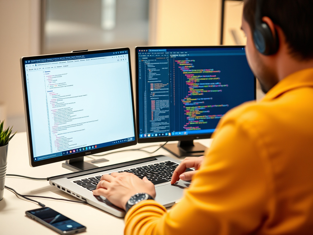 professional web developer optimizing website code on a laptop with multiple screens showing website structure and code snippets