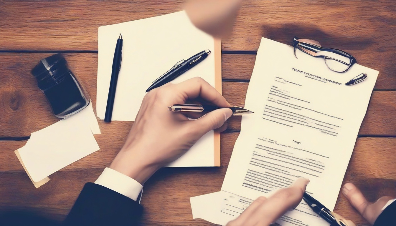  close-up of hands signing a trust agreement, elegant pen, formal paperwork on wooden desk