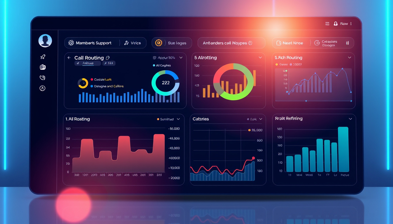  sleek futuristic customer support dashboard, AI analytics, efficient call routing visualization
