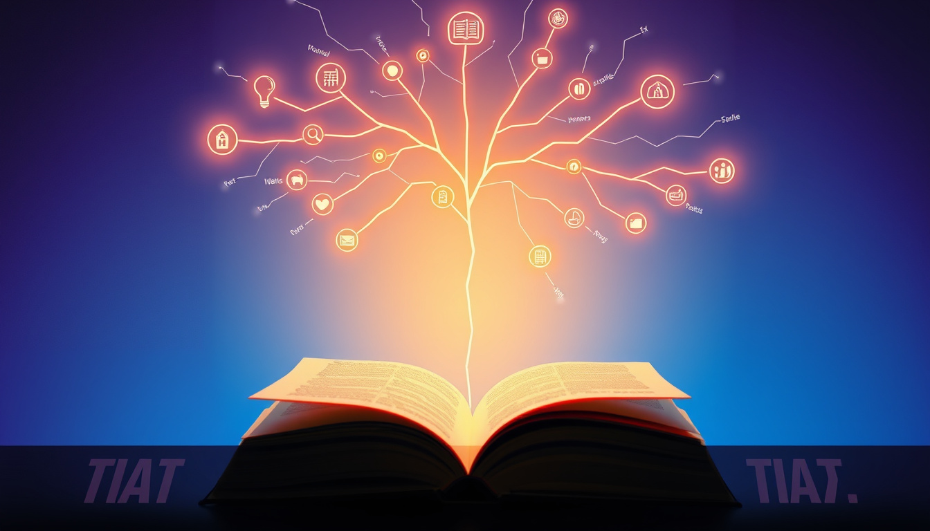 Master the Art of Skimming: Improve Reading Speed and Comprehension 1 A focused reader with an illuminated mind map floating above, rapid text flowing around