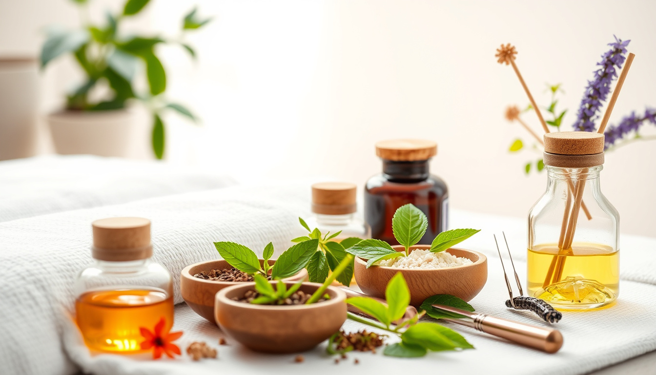  Herbal remedies and acupuncture tools, holistic treatment setting, soothing atmosphere