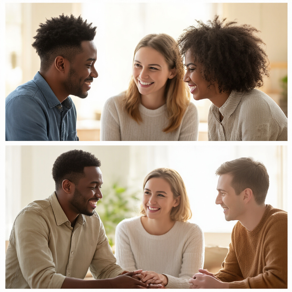 Create a realistic image of diverse people of different races (Black, White, Asian) and genders connecting in a warm, supportive community setting, with individuals engaged in conversation and showing genuine emotional support, bathed in natural sunlight highlighting their smiles and engaged body language, symbolizing the importance of social connections for overall wellness.
