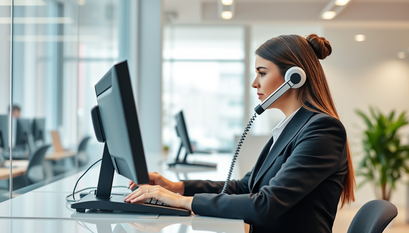  professional receptionist using advanced phone system, clear communication, efficient business environment