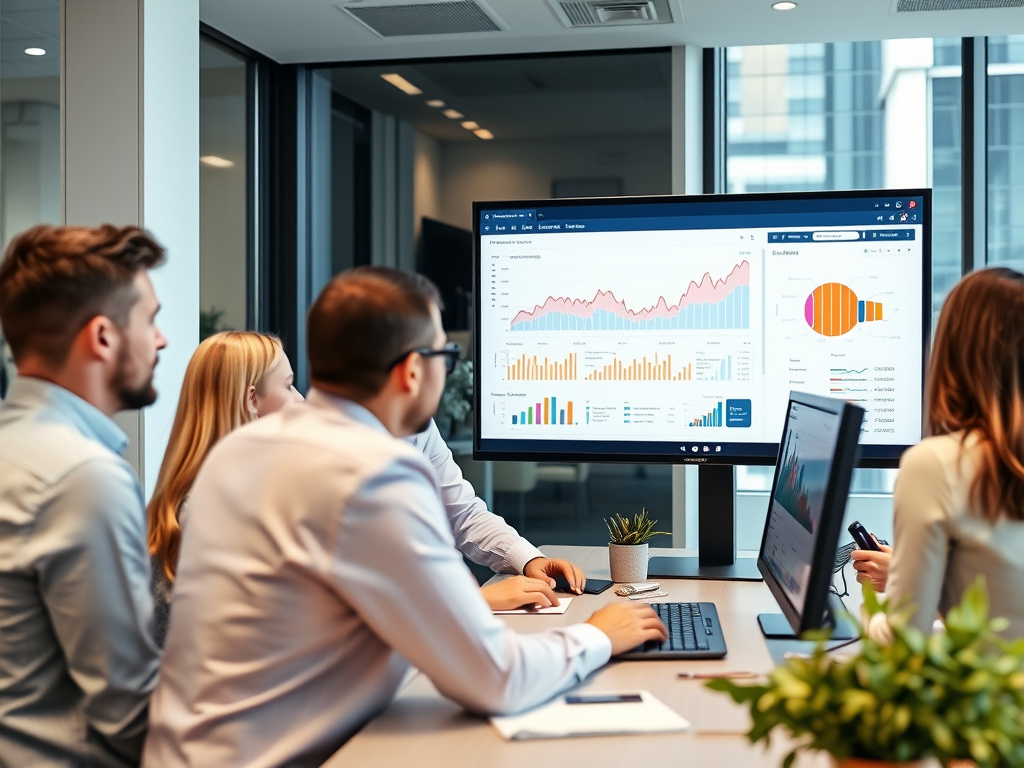 professional team analyzing website metrics on a large digital screen in a corporate office