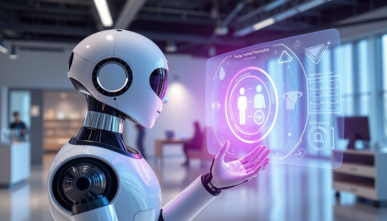  Sleek smart robot assistant interacting with holographic interface in modern innovation lab