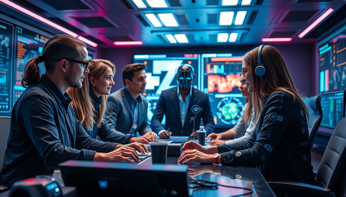  diverse team collaborating with holographic AI agents in high-tech control room