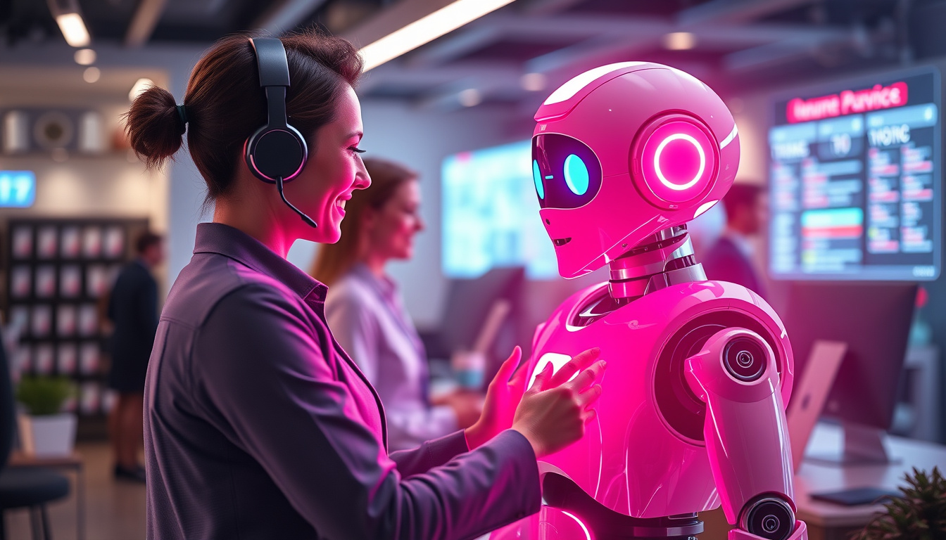  futuristic customer service robot assisting happy clients, glowing interface, efficient workspace