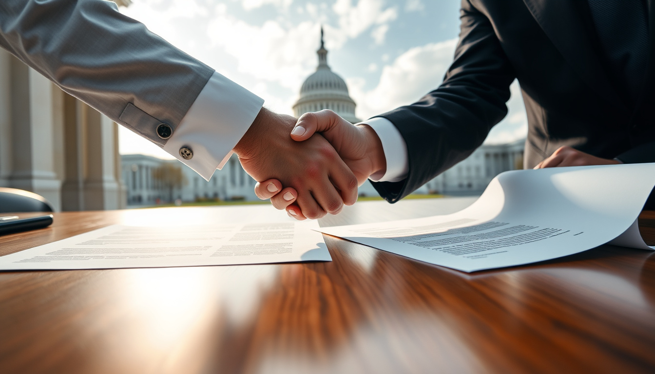  Close-up of handshake between businessman and government official, contract documents on wooden table, U.S. Capitol in background