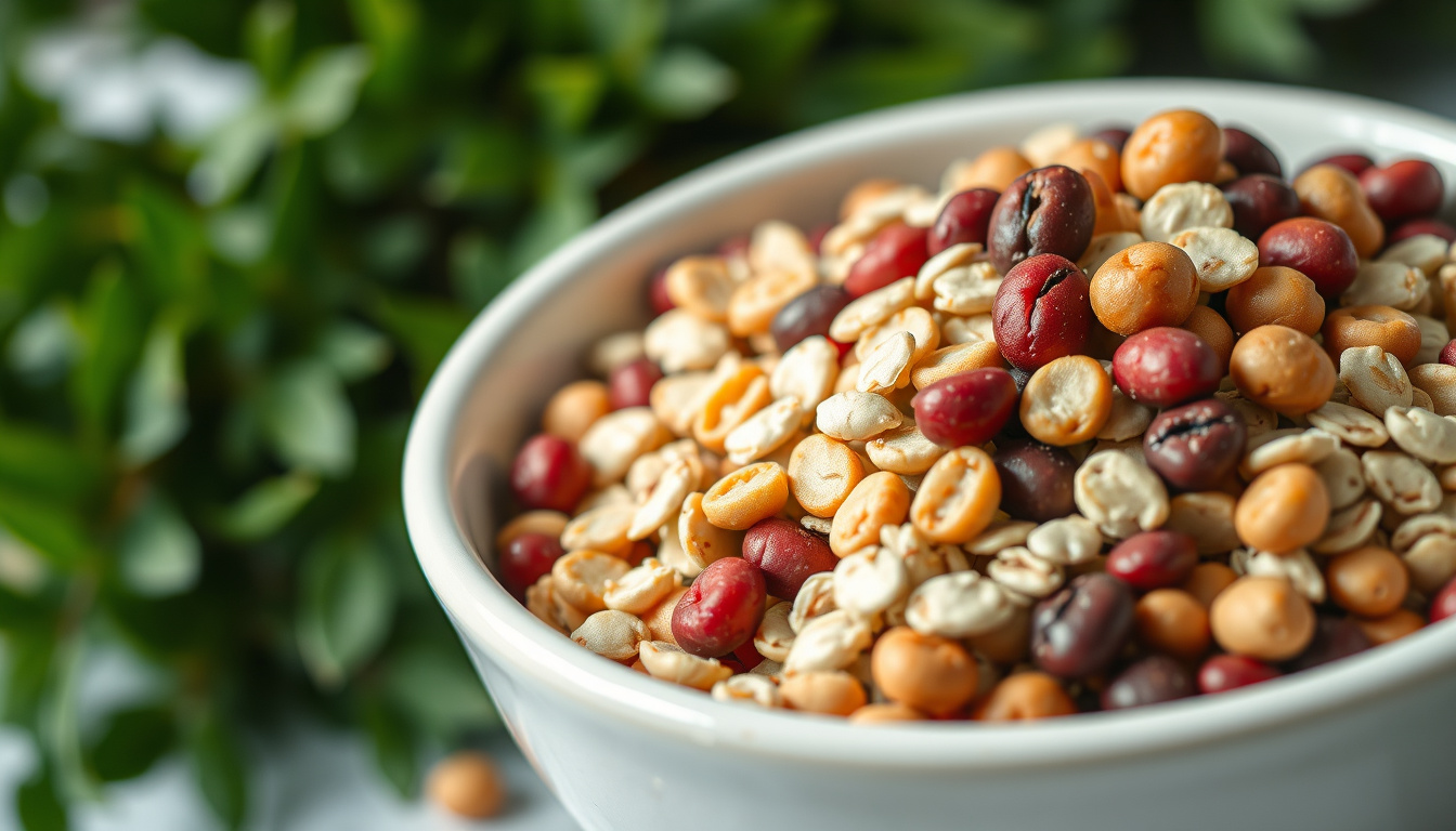  A close-up of a bowl of high-fiber foods like oats and beans with fresh greenery in the background