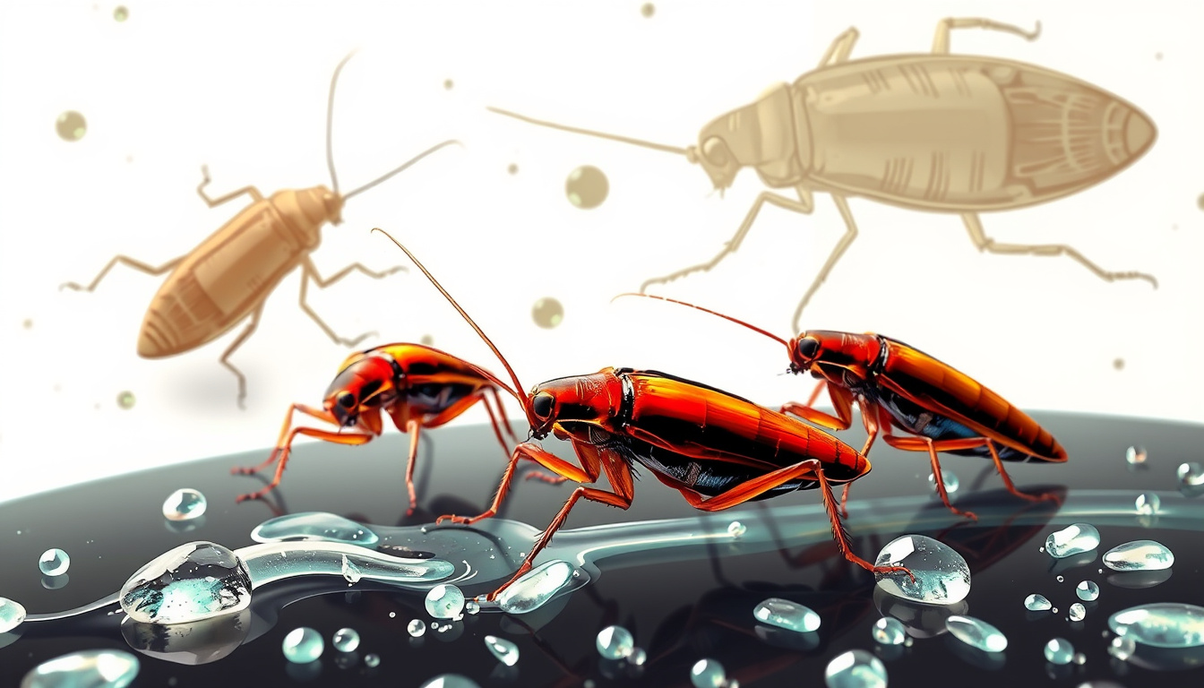  Scientific illustration of German roaches interacting with toxic gel trails, damaged roach anatomy in the background