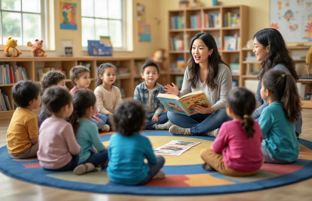 Create a realistic image of a diverse group of children sitting in a semi-circle on a colorful classroom rug, captivated by a female Asian teacher who is animatedly reading from a storybook, using expressive hand gestures and facial expressions to bring the story to life, with puppets and visual aids visible beside her, and a warm, inviting classroom setting with bookshelves in the background.