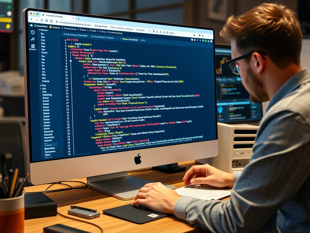 business professional optimizing website schema markup on a desktop interface with technical SEO tools