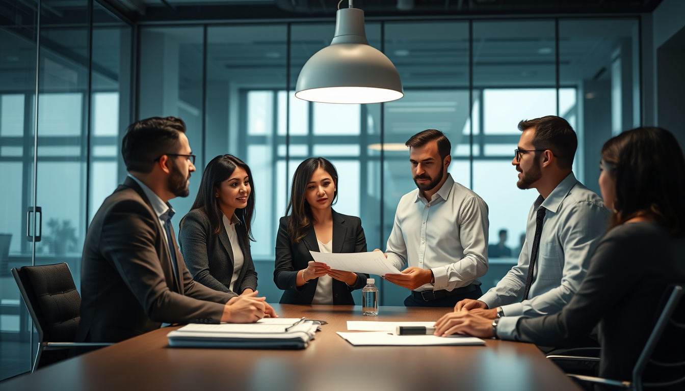  Diverse team discussing subcontractor requirements, modern conference room, business strategy session
