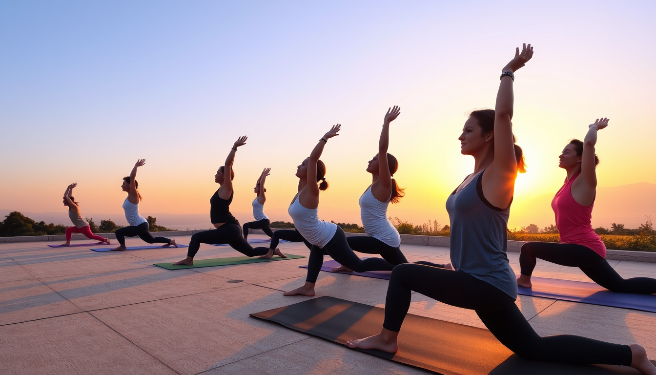 A diverse group performing yoga and planks at sunrise