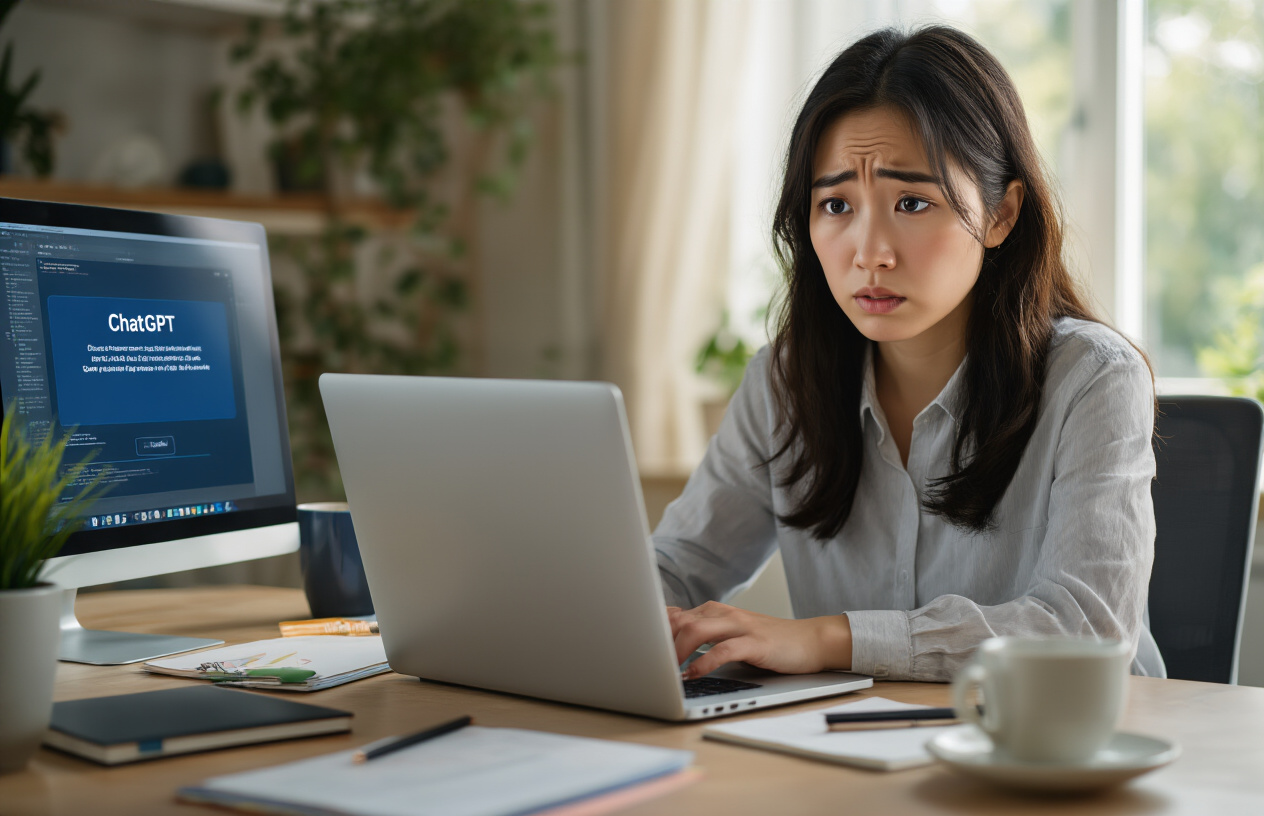 Create a realistic image of a young Asian female professional looking slightly frustrated while sitting at a desk with a laptop showing a ChatGPT error message, surrounded by productivity tools like notepads and coffee, with a troubleshooting guide visible on a second screen, in a well-lit home office setting with soft natural light coming through a window.