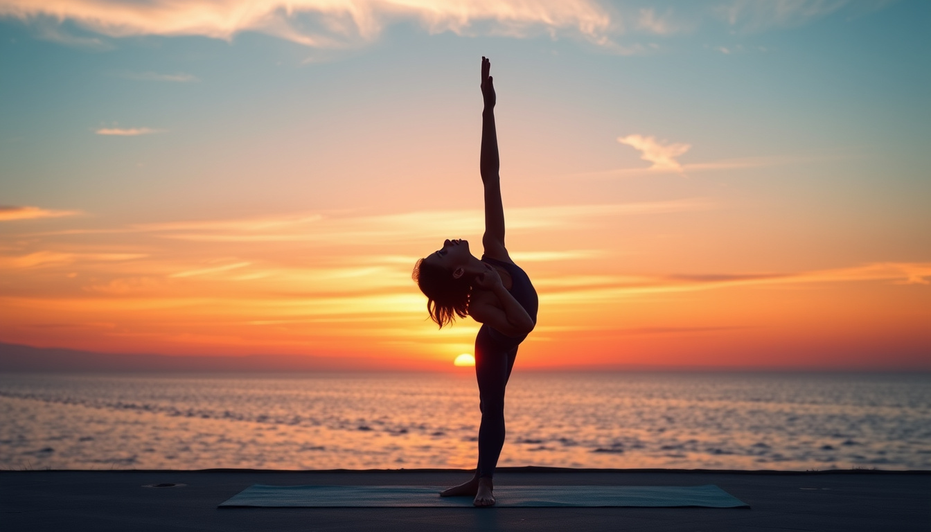  yoga pose stretching legs, serene sunrise background, calm and pain-free expression