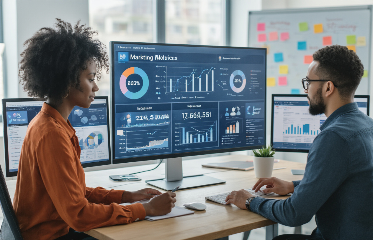 Create a realistic image of a diverse team of marketing professionals (a black female, an Asian male, and a white female) analyzing social media metrics on a large dashboard screen showing graphs, engagement rates, and ROI data in a modern office setting with soft natural lighting, multiple computer screens displaying various social platforms, and a whiteboard with strategy notes visible in the background.