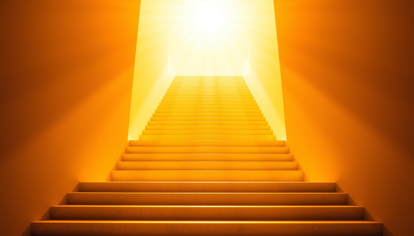 ascending staircase surrounded by golden light, symbolizing spiritual growth and enlightenment
