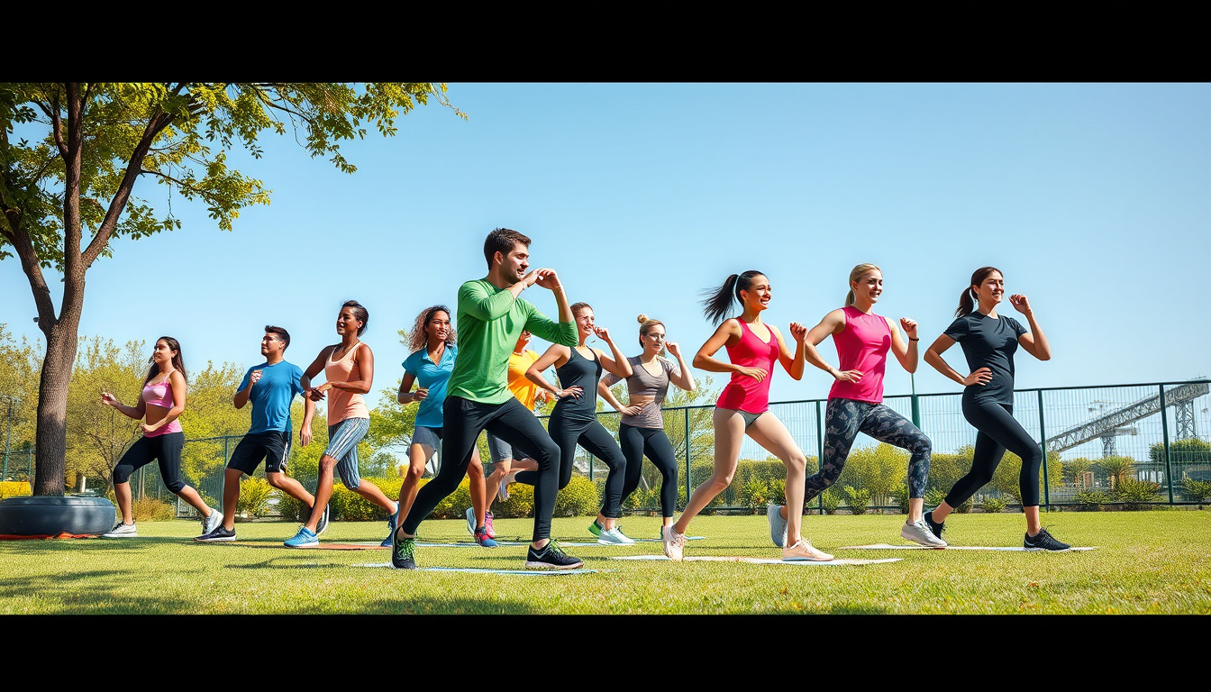  Diverse group exercising outdoors to boost body health