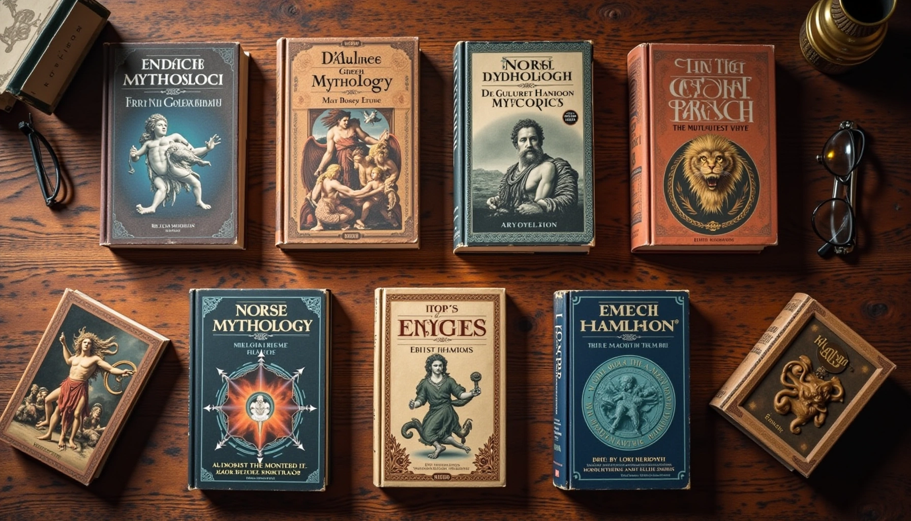 Ancient Norse and Greek mythology books displayed side by side with runes and classical symbols