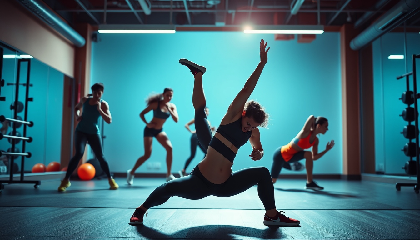 A dynamic gym scene with focus on core stability movements, energetic and vibrant