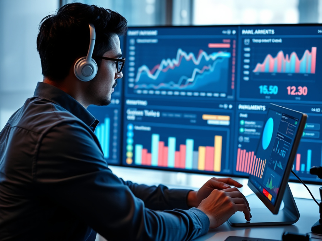 professional business analyst reviewing website metrics on a digital dashboard with charts and graphs