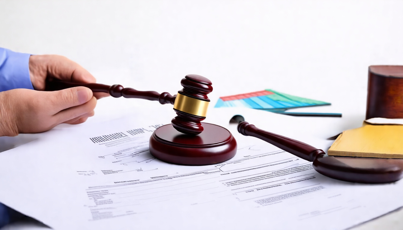  Close-up of gavel, contract papers, and lawyer explaining civil liability concepts to client