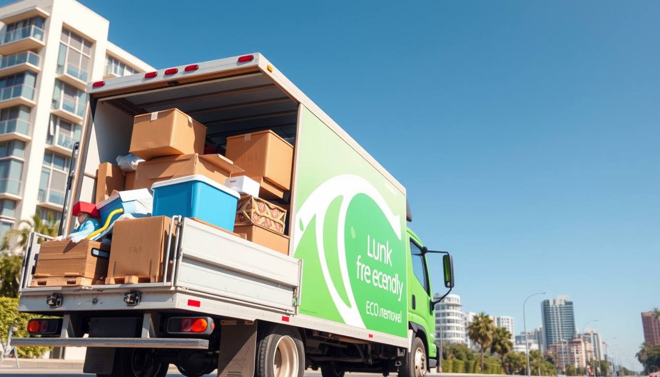 Eco-friendly junk removal truck loading household items, urban backdrop, clear blue sky