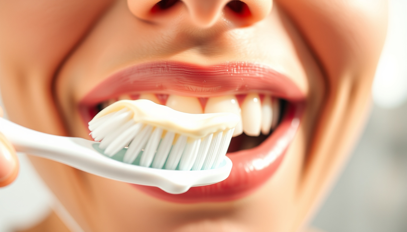  Close-up of soft bristled toothbrush applying creamy toothpaste on sensitive teeth in bright bathroom light