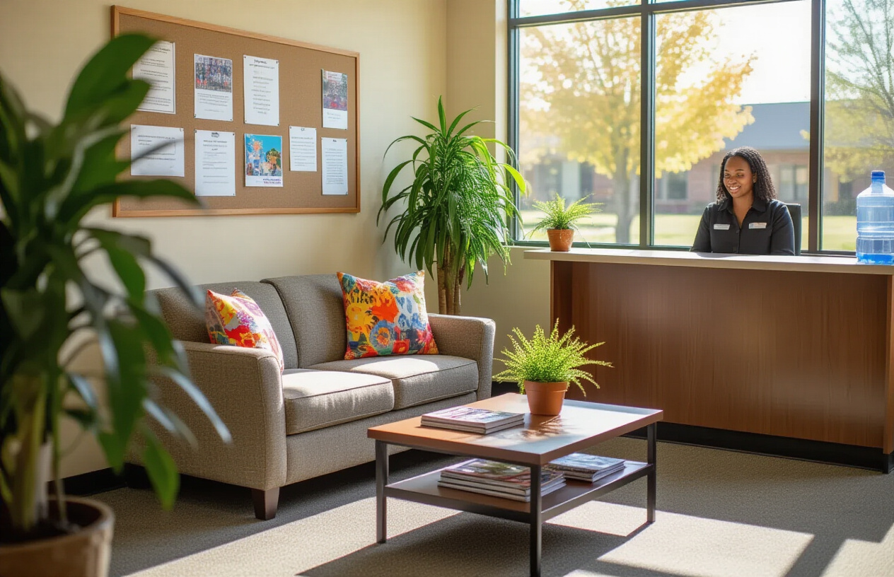 Create a realistic image of a bright, welcoming school office visitor area with comfortable, budget-friendly seating including a small couch with colorful throw pillows, a coffee table with neatly arranged magazines, potted plants in the corner, a bulletin board with school announcements, a water dispenser, and a clearly marked reception desk with a friendly black female staff member greeting visitors, all bathed in warm natural lighting from nearby windows.