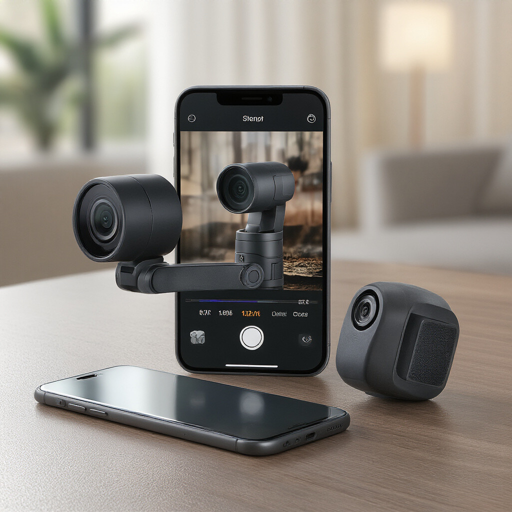 Create a realistic image of a DJI Osmo Mobile 7P smartphone gimbal stabilizer on a table next to a smartphone, with editing interface visible on the phone screen, suggesting completed content creation, with soft natural lighting in a modern indoor setting.