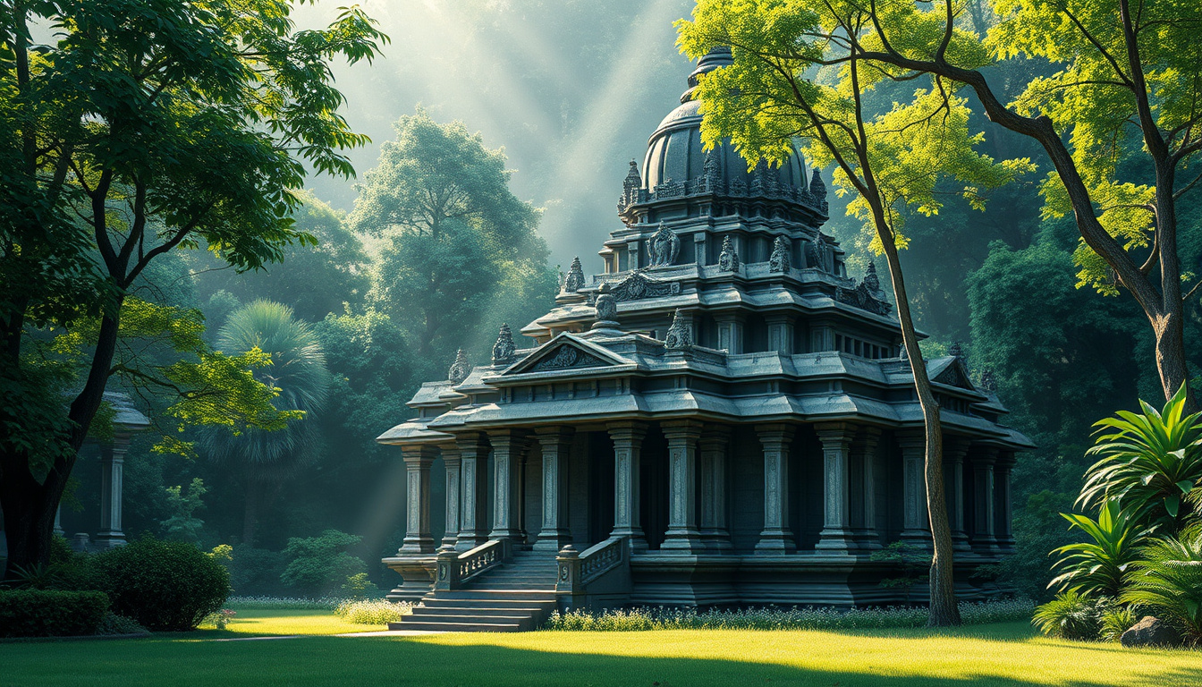  ancient temple surrounded by lush greenery, soft spiritual light beams, tranquil atmosphere