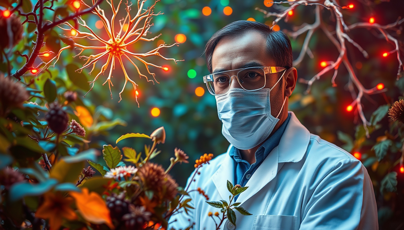  A scientist surrounded by natural herbs and glowing nerve fibers, soothing light effects