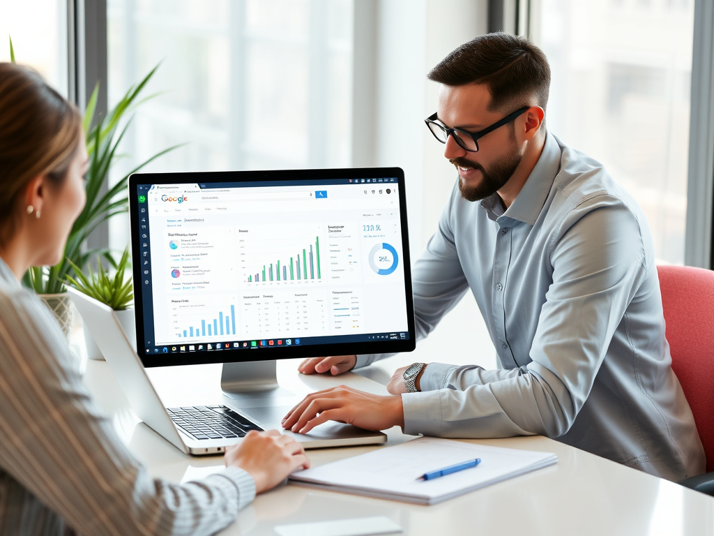 professional digital marketing team analyzing search query data on a sleek laptop with charts