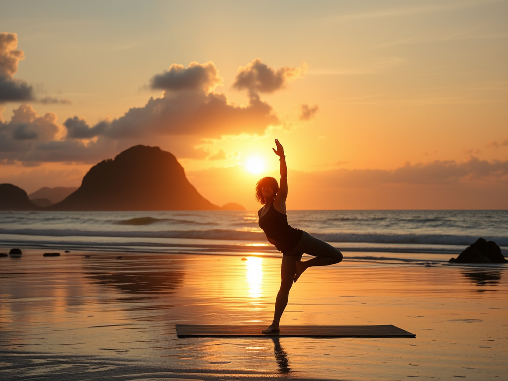 yoga practice at sunrise near a beach location