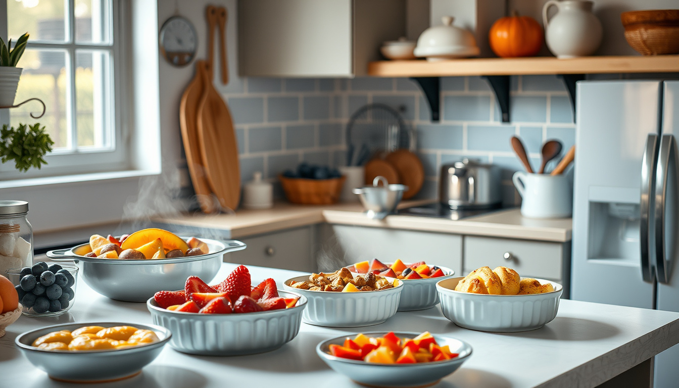  A cozy kitchen scene with a variety of baked fruit dishes steaming hot, inviting ambiance