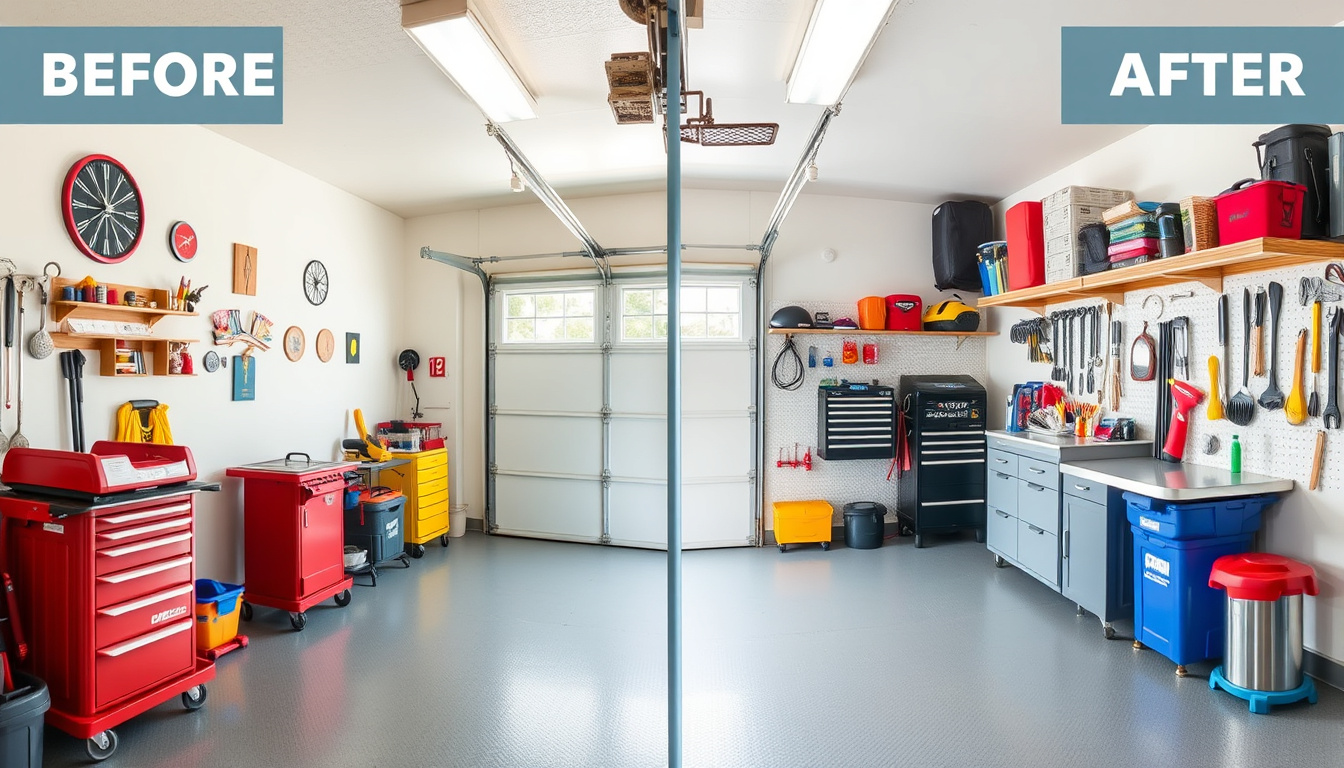 Garage Renovation Ideas to Transform Your Space Efficiently 1 Before-and-after garage transformation with colorful decor and organized tools